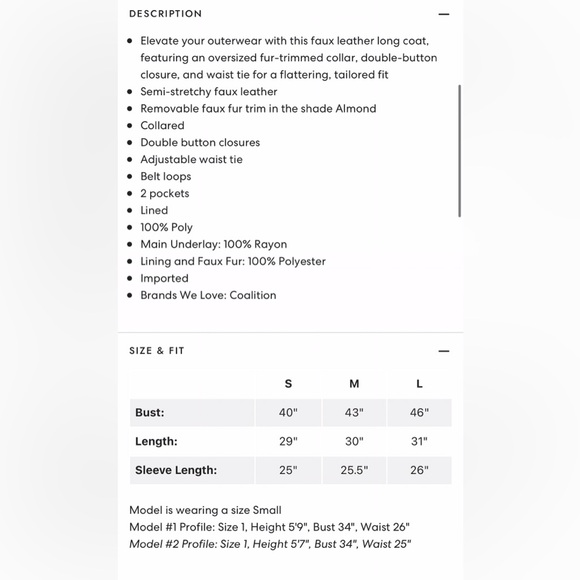 New Size Large Faux Leather Long Coat with Faux Fur Removable Trim, light beige - Picture 16 of 16